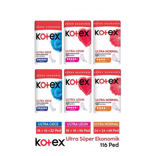 Kotex Ultra Süper Ekonomik Paket Gece Normal Uzun X 6 Paket